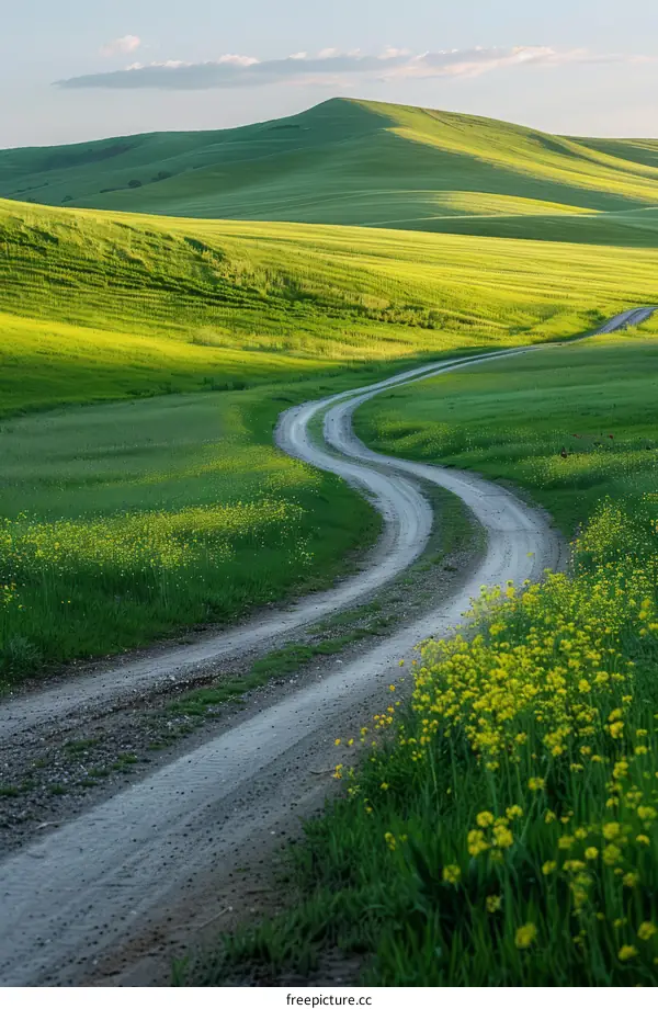 Serene Country Road Winding Through Rolling Hills