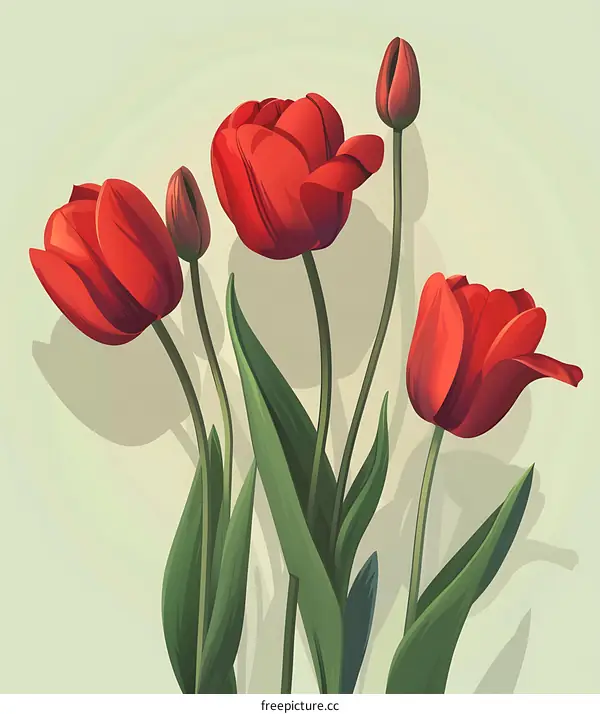 Red Tulips with Green Leaves in a Vintage Style