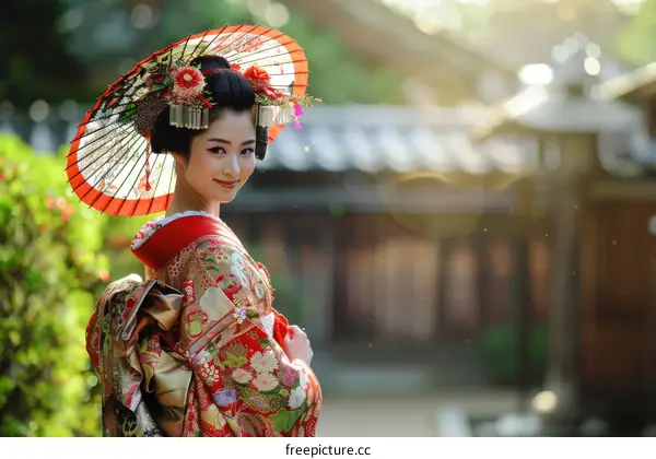 A Japanese woman wearing a kimono and holding a red umbrella.