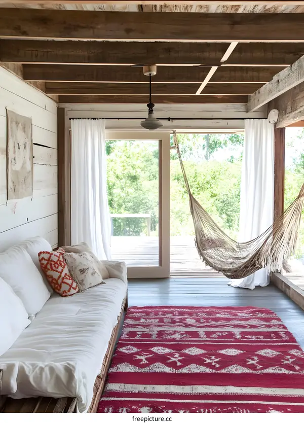 Rustic Farmhouse Living Room With Hammock