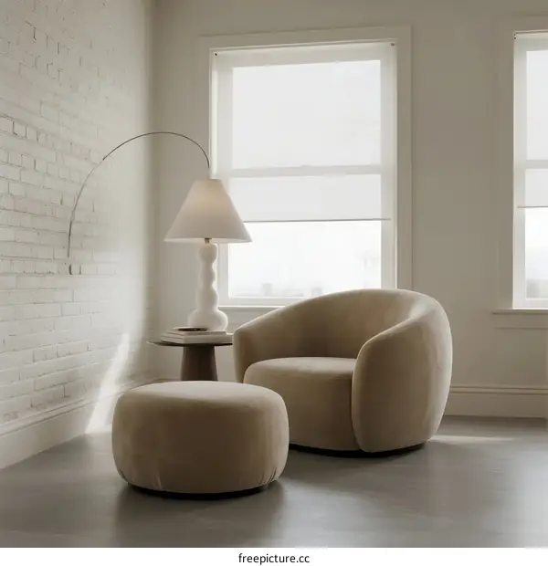 Modern Living Room with Soft Armchair and Round Ottoman