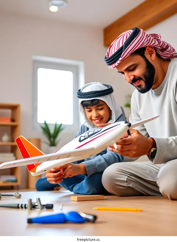 Arab Father and Son Playing with Toy Airplane