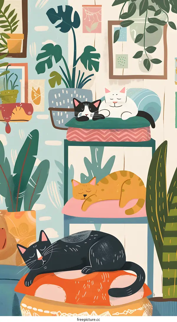 Cute Cartoon Illustration Of Three Cats Sleeping In A Room With Plants