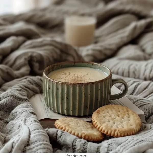 A cozy cup of milk and cookies