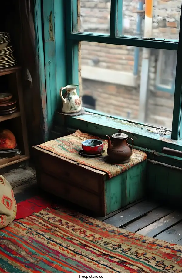 Vintage Tea Set on a Windowsill