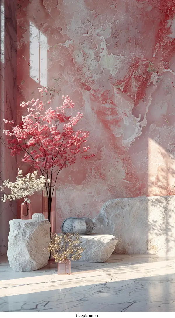 Pink Marble Wall with White Stone Podium and Flowers