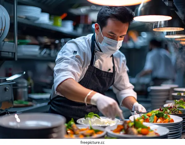 Asian chef wearing a mask plating food in a restaurant kitchen