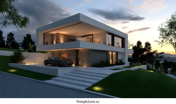 Modern House Design With Stone Wall And Car