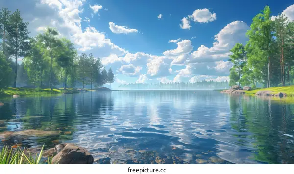 Tranquil Lake Nestled amidst Verdant Greenery and Majestic Trees