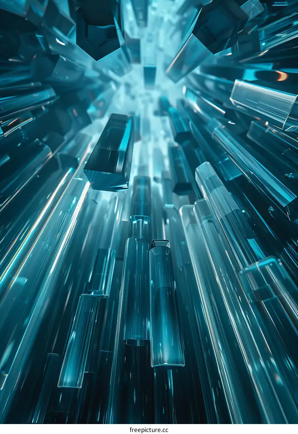 3D illustration of blue crystal rods floating in space