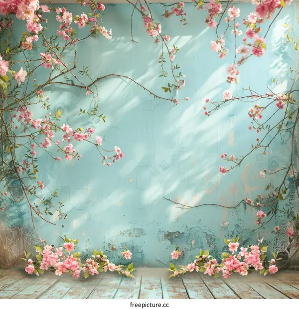 Pink Blossoms on Blue Wooden Background