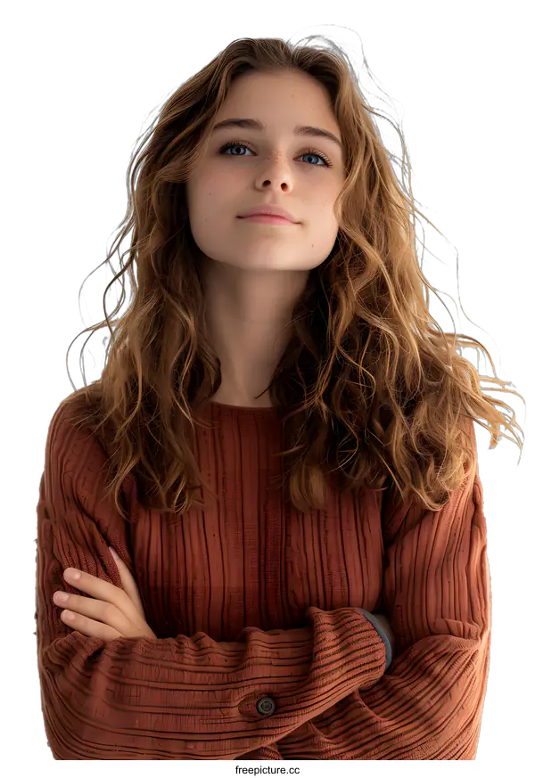 [Transparent Background PNG]portrait of a young woman with freckles and curly hair