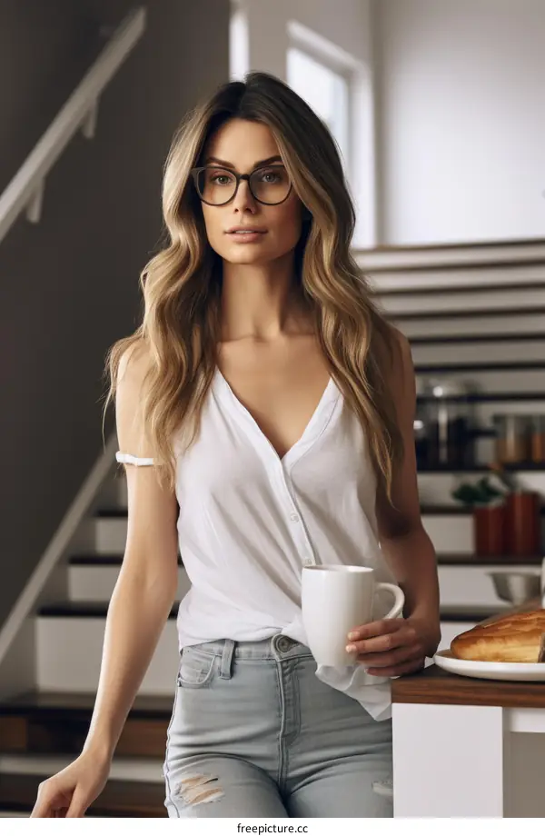 A beautiful blonde woman in glasses is holding a coffee mug in the kitchen