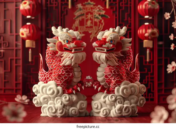 Two Cute Cartoon Dragons Posing in Front of a Traditional Chinese Red Background 