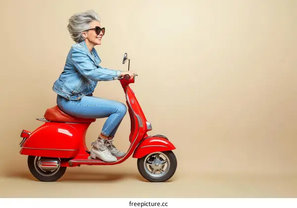 Stylish Senior Woman Riding a Red Scooter