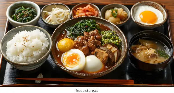 A delicious Japanese dish with rice, egg and various side dishes