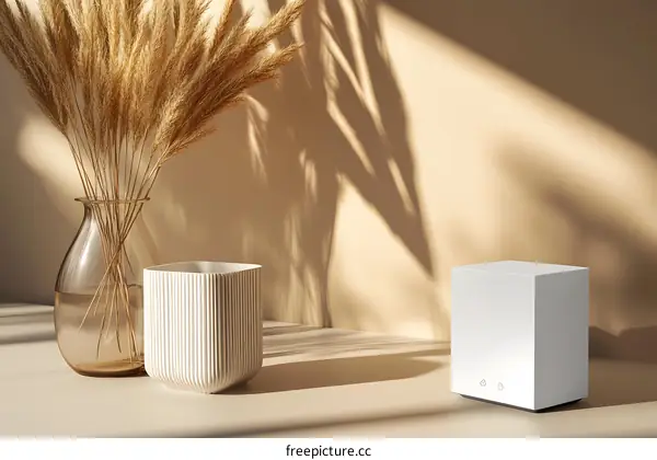 Minimalist Home Decor with White Cube and Dried Pampas Grass