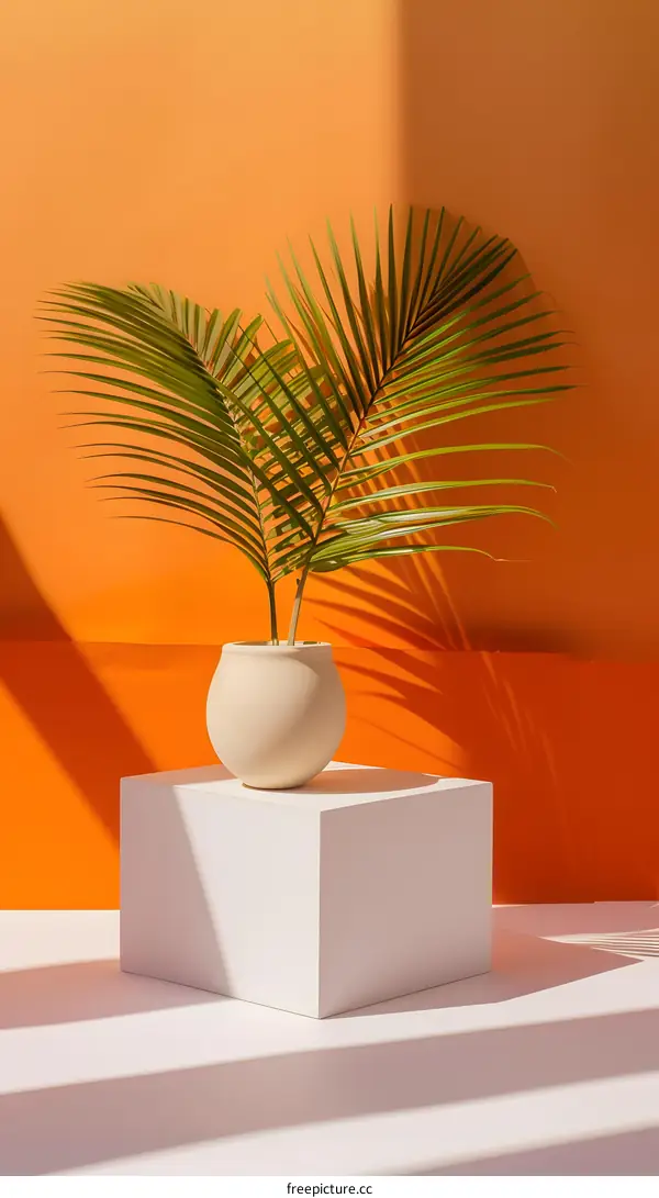 Palm Leaf in a Pot on a White Cube Against an Orange Background