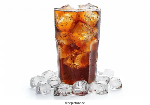 A glass of cola with ice cubes