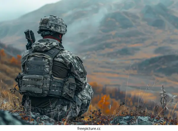 Soldier in the mountains looking at the landscape