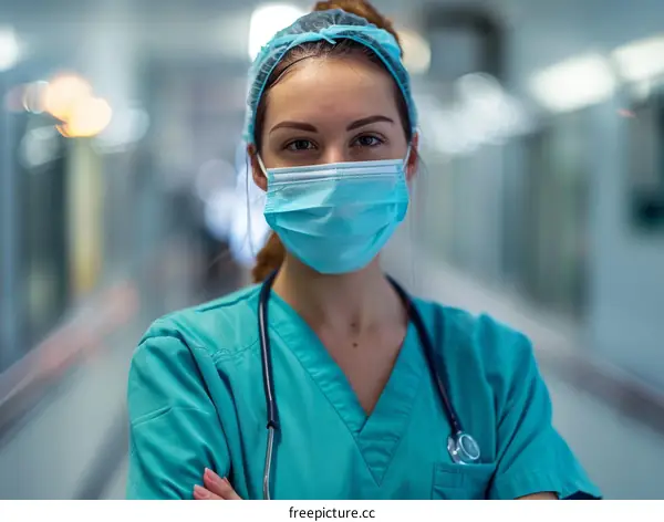 Portrait of a Confident Female Doctor Wearing a Mask in a Hospital