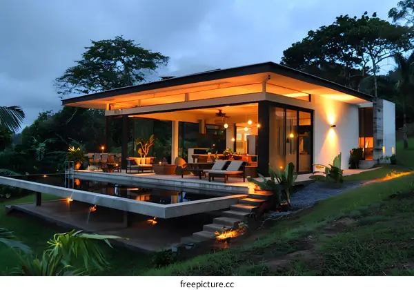 Modern Home with Infinity Pool and Tropical Landscape