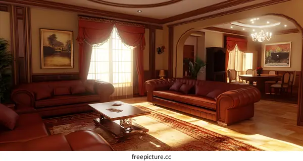 Luxury Living Room Interior Design With Red Sofa And Coffee Table