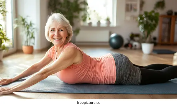 Senior Woman Stretching on Yoga Mat in Home Gym