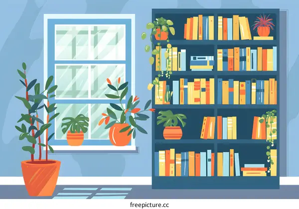 Modern Home Interior With Bookshelf And Plants