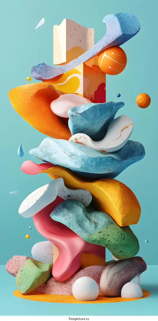 Abstract 3D Colorful Shapes Stacked On Blue Background