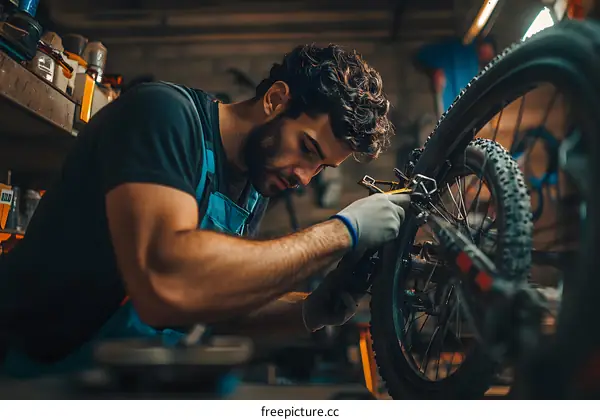 Man Fixing Bicycle Wheel In Garage