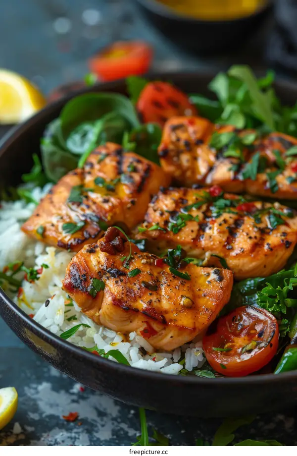 Grilled salmon with rice and vegetables
