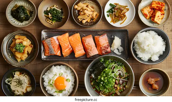 A delicious Japanese meal with salmon, rice, and various side dishes
