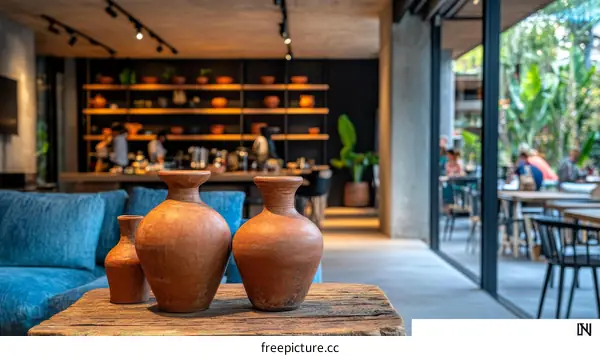 Modern Cafe Interior Decor with Terracotta Vases