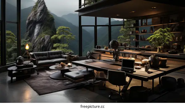 Modern mountain home interior living room office space