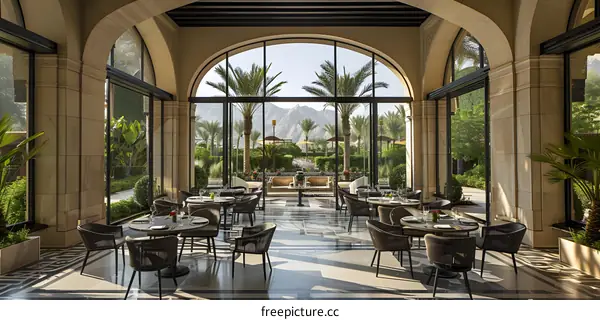 A restaurant with a view of the palm trees