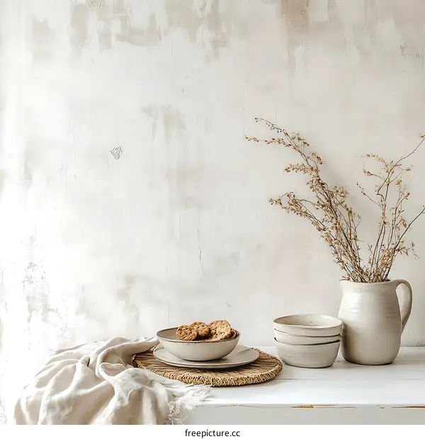 Minimalist Home Decor with Dried Flowers and Ceramic Bowls