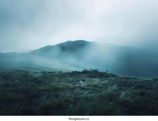 Foggy mountain landscape with green hills and blue sky