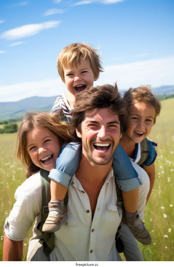 Happy family of four hiking in the mountains