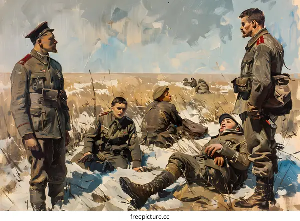 A group of soldiers resting in a snowy field during World War I