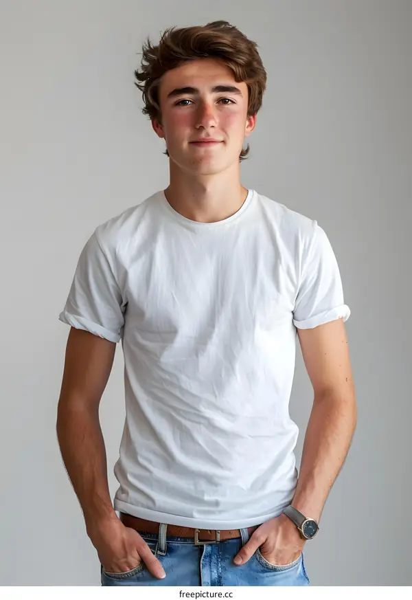 Young Man in White T Shirt Posing with Hands in Pockets