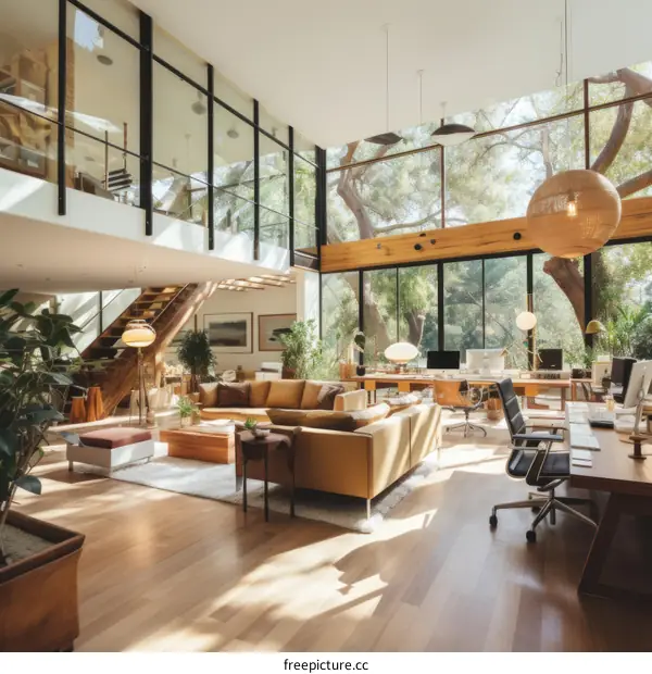 An open-plan living space with a modern interior design