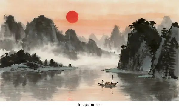 A serene river flowing through misty mountain range at sunset