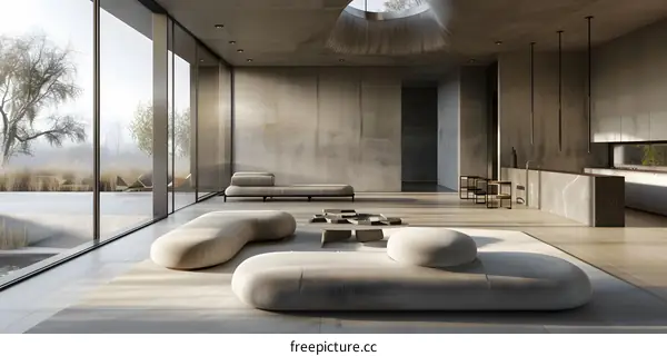 Modern Minimalist Living Room Interior Design With Concrete Walls