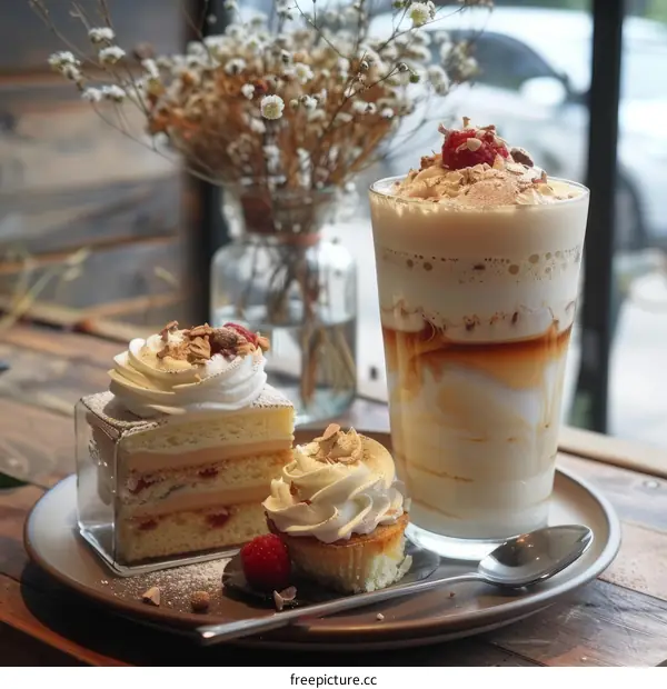 A delicious dessert with cake, cupcake, and milkshake