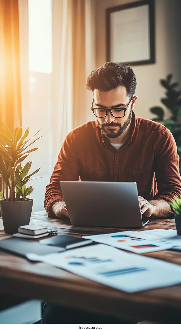 Focused Man Working on Laptop in Home Office
