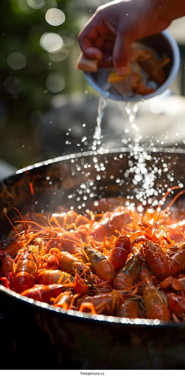 Cooking crayfish in a large pot