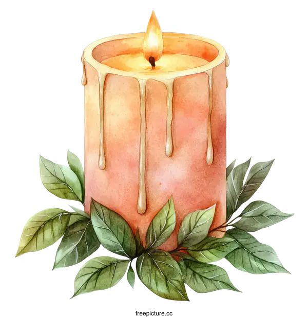 [Transparent Background PNG]Watercolor Illustration of a Scented Candle with Leaves