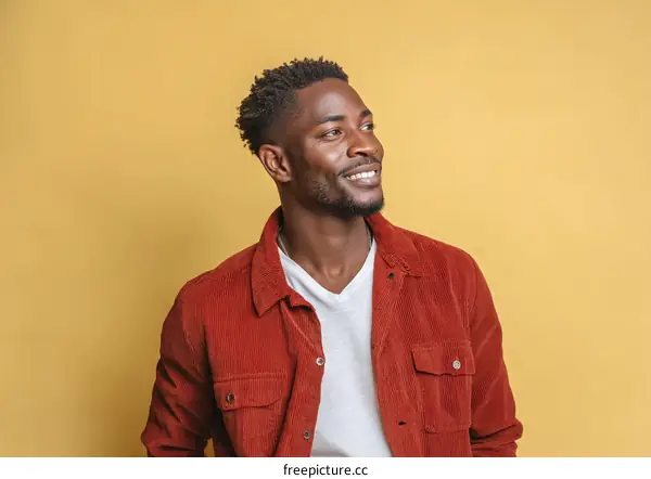 Smiling Man in Rust-Colored Corduroy Jacket