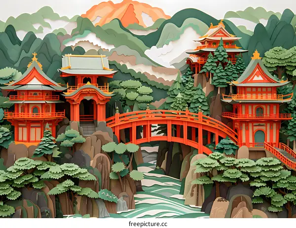 Paper Cut Landscape With Temples and Bridge